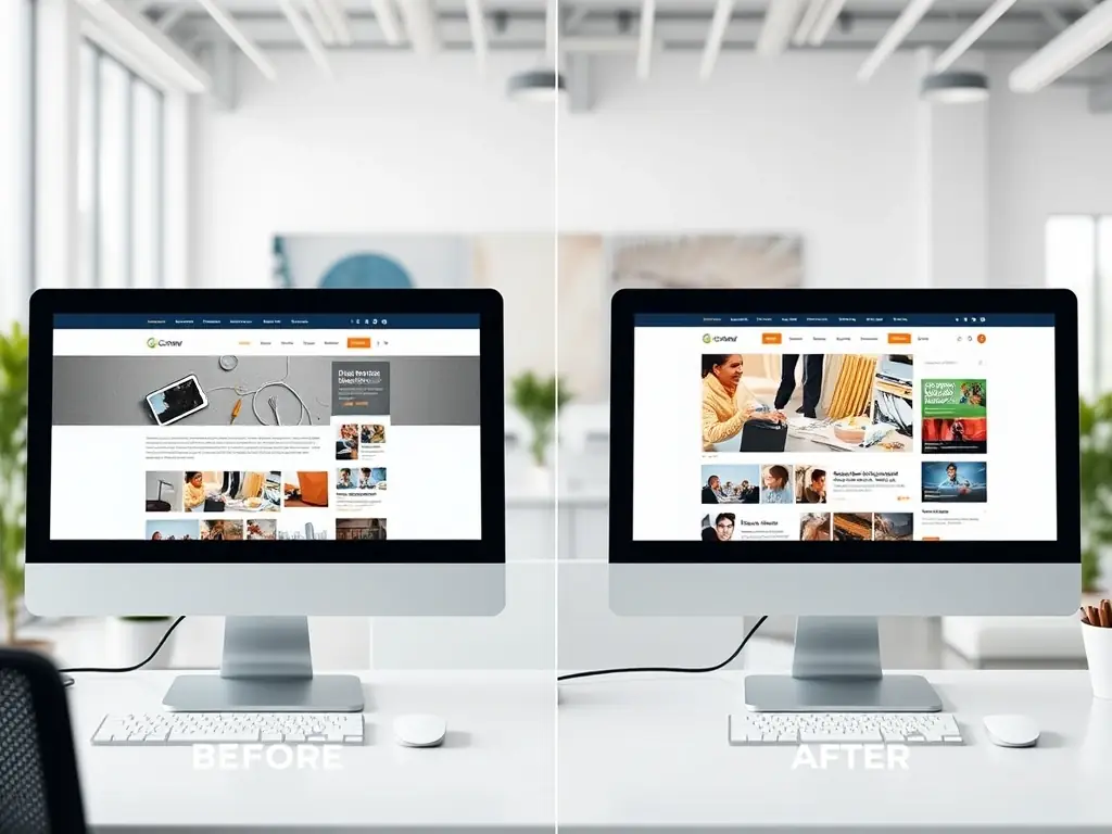 A before-and-after image illustrating a website redesign, highlighting the improved aesthetics, functionality, and user interface.